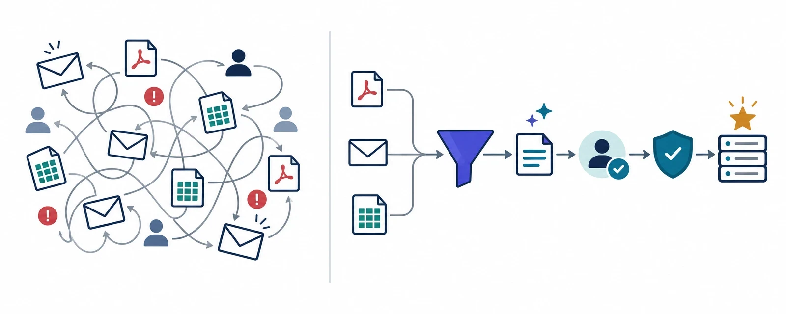 The same process before and after: scattered emails and spreadsheets on the left, one governed flow with a human checkpoint and an audit log on the right
