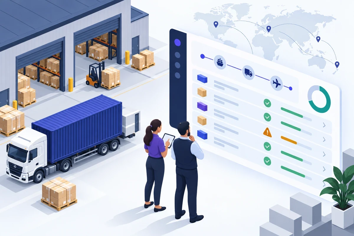 Illustration of a distribution operation: pallets and shipments on one side, a clean dashboard with shipments marked ready on the other