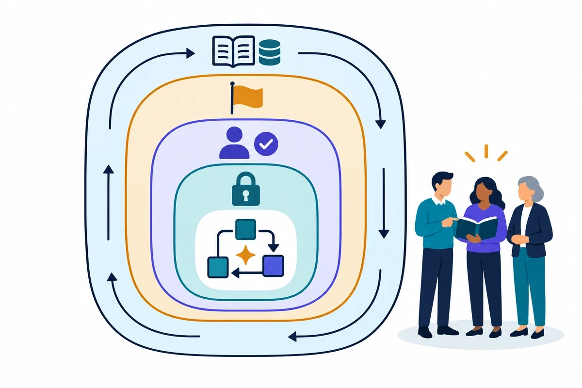 Layers of control around an AI-assisted process: access, approvals, exceptions and audit trail