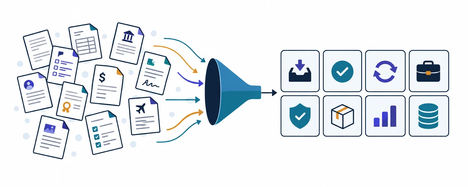 Many different documents from companies and governments flowing into a small set of repeatable process patterns
