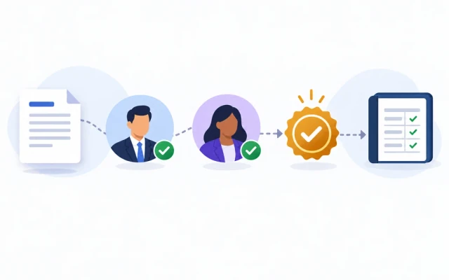 An approval chain with named approvers and a recorded decision