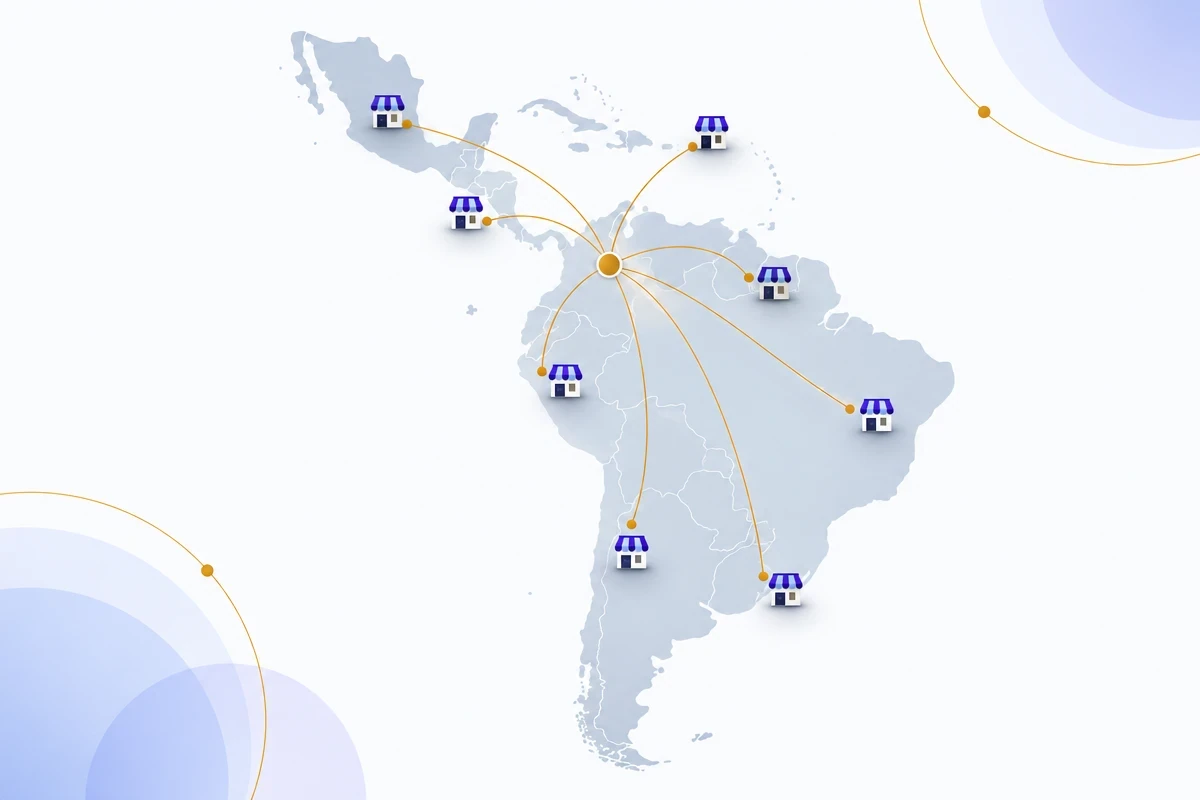 Stylized map of Latin America and the Caribbean with connected boutiques