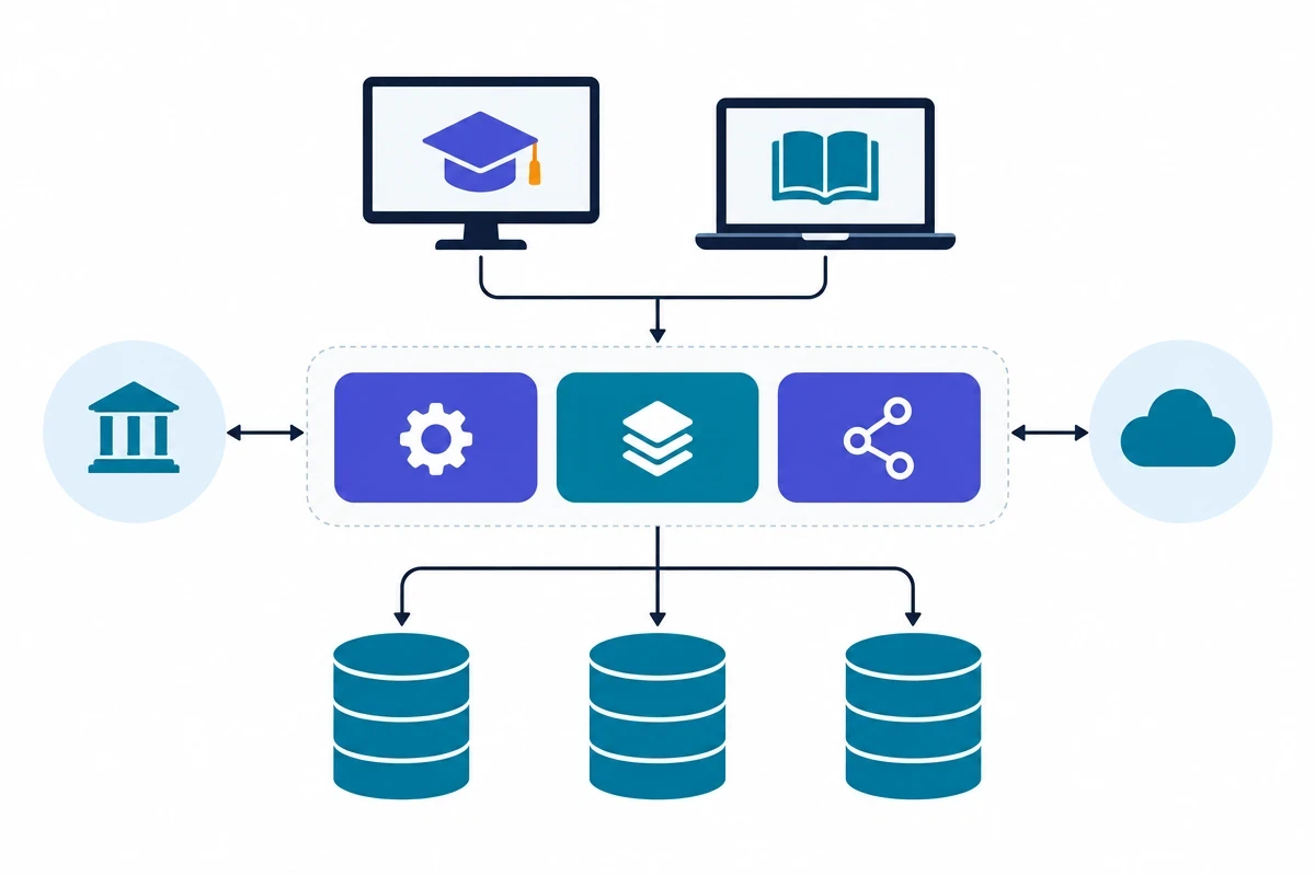 Layered architecture diagram of a learning platform and its integrations