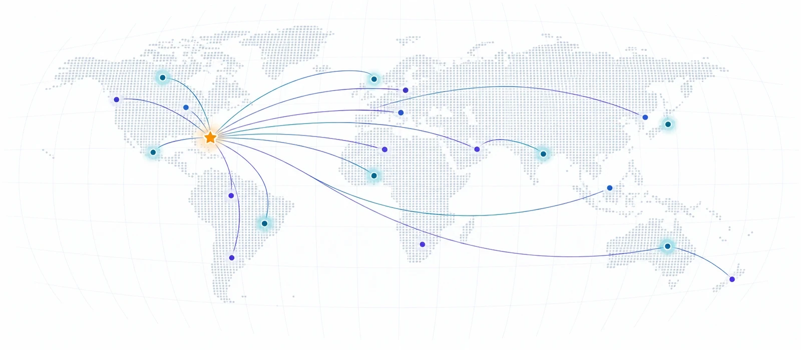 Stylized world map with Miami as the home base, connected to client locations on every continent