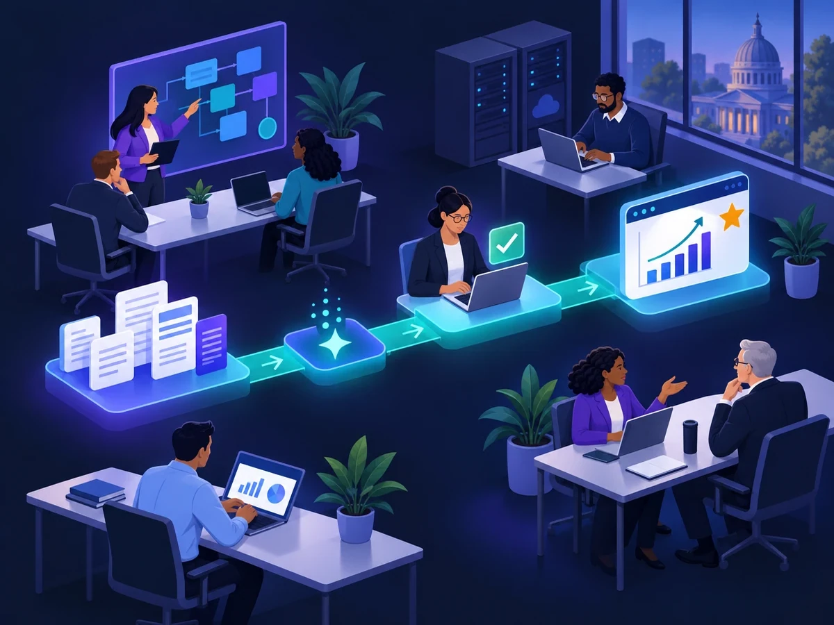 A leadership team and front-line staff working around one clear, governed process — documents flowing in, AI assisting, people approving, results measured